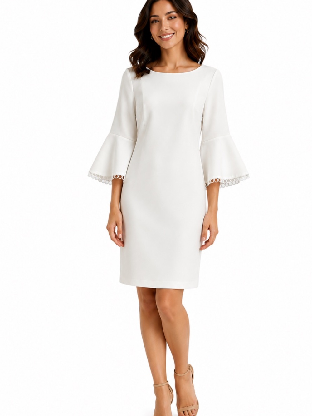 CALVIN KLEIN White Bell-Sleeve Midi Sheath Dress 4